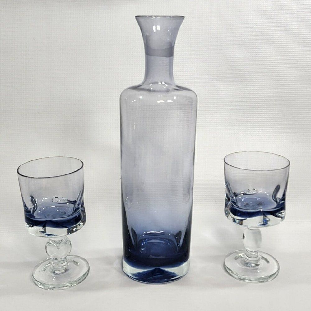 Mid Century Murano Glass Sommerso Decanter & 2 Goblets Blue Italy